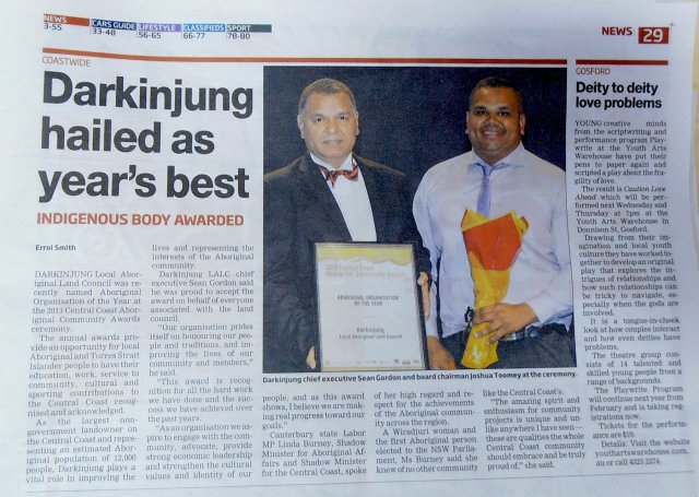 Darkinjung LALC, Wyong is named Aboriginal Organisation of the Year. Coastwide News, 15 Nov 2013